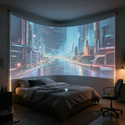 bedroom with curved translucent screens projecting detailed sci - fi art ( 2 0 4 2 ), pixel perfect photograph, high contrast, volumetric lighting, thin glowing lights, chair, users, pair of keys