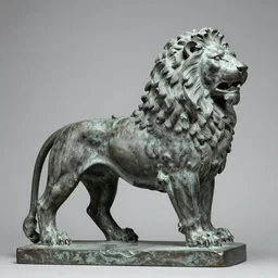 a dark grey bronze ststue of a lion