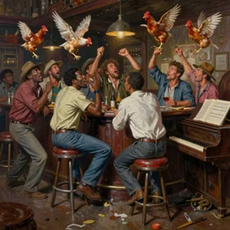 a messy rowdy painting of men gatecrashing a bar, barstool and chickens flying through air, smooth, sharp focus, black men, rednecks, deep south, piano, ultrarealistic, intricate, art by dean cornwell and howard finster, paint splatters, artstation, octane render, sharp focus, cinematic, dynamic volumetric lighting by delphin enjolras