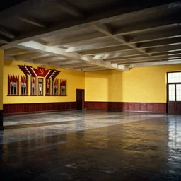 60s movie still of a sovietic stalinist style empty art museum with a soviet congress with yellow wall, by revolog color, liminal Space style, heavy grain