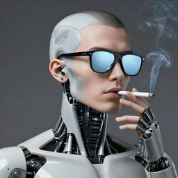 a photograph of a handsome cyborg wearing balenciaga mirrorshades and smoking a cigarette, trending on artstation