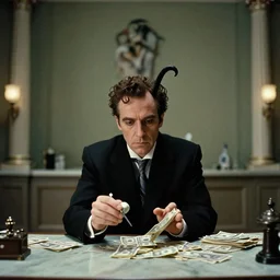 the money creature in the bank, film still from the movie directed by denis villeneuve and david cronenberg with art direction by salvador dali and zdzisław beksinski