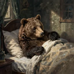 Beatrix potter illustration of a bear tucking itself into bed
