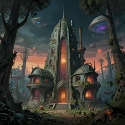 architecture by pieter bruegel the elder, otherworldly hyperrealism at night synthwave at dawn dieselpunk atlantis forest retro galactic, archdaily, wallpaper, highly detailed, trending on artstation.