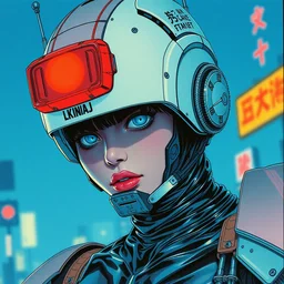 a close - up grainy risograph painting of cyberpunk japanese mecha wearing latex catsuit and lots of transparent and cellophane accessories, blue hour, twilight, by moebius and lehr paul