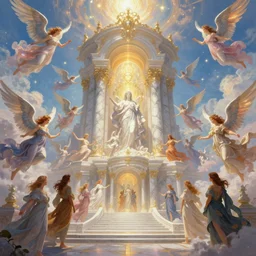 concept art of absolutely gorgeous rendition of heaven and beautiful marble structure with many spirits and angels, artstation, glorious lighting, heavenly perfection. painterly strokes by dreadjim and greg rutkowski, james gurney, iridescent lighting and colors