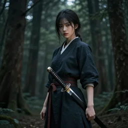 beautiful girl in dark forest with a katana sword character concept style trending on artstation, concept art, detailed, octane render cinematic, photo-realistic, 8k, high detailed