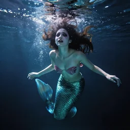 beautiful scary japanese mermaid in emotional movement, underwater photography and light scattering, water refractions turned out impressive imho,