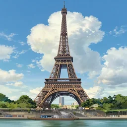 a view on eiffel tower from seine with amazing clouds and blue sky, in the style of makoto shinkai anime and studio ghibli anime, colorful, romantic, 4 k resolution, artstation, pixiv, anime background,