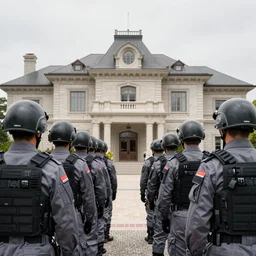 Mercenary Special Forces soldiers in grey uniforms with black armored vest and black helmets raising a mansion in 2022, Canon EOS R3, f/1.4, ISO 200, 1/160s, 8K, RAW, unedited, symmetrical balance, in-frame, combat photography