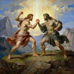 an amazing realistic painting of cain and abel fighting on the edge of a cliff with a divine light in the sky, majestic mountains in the background, painting by roberto ferri, highly detailed, beautiful art, smooth, elegant, intricate, vibrant, colorful