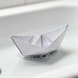 a pencil sketch of a small paper boat in a bathtub, small bubbles, macro shot
