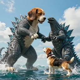 gigantic 1 0 0 meters beagle fighting with godzilla over the sea, epic cinematic, 4 k, very high detail