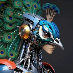 an uncut overdetailed hypermaximalist face portrait shot of biomechanical peacock robot, by subjekt zero. complementary colors. polished. heavy machinery influence. heavily stylized by subjekt zero.