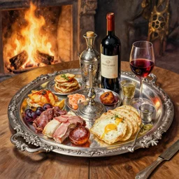 one ornate silver platter overflowing with food, wine, on a wooden table, firelight warm lighting, fantasy, intricate, elegant, highly detailed, digital painting, still life, wine, artstation, concept art, matte, sharp focus, intricate, highly detailed, digital painting, trompe - l'œil, volumetric light, artstation, concept art, sharp focus, watercolor illustration, art by willem kalf and jan philip van thielen