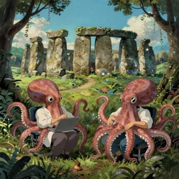 hyperrealist, studio ghibli dull colors portrait from close encounters of the third kind 1 9 7 7 of two octopus scientists swaying in a jungle bubble monument valley stonehenge.
