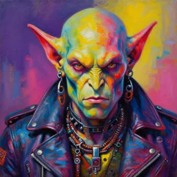 a portrait of an apocalyptic scifi orcish biker character, psychedelic vibrant colors, futuristic punk rock fashion, oil painting by michael whelan art, perfect face, sharp focus, detailed eyes, realistic, leather jacket, 8 k