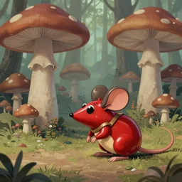 adventurer ( ( ( ( ( 1 9 5 0 s retro future mouse in forrest of giant mushrooms. muted colors. ) ) ) ) ) by jean baptiste monge!!!!!!!!!!!!!!!!!!!!!!!!! chrome red