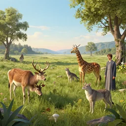 a beautiful detailed surreal animals in a serene landscape, landscape photography composition, vivid colors, octane render, redshift render, by ellen jewett, by jean delville, by edmund dulac, by jean giraud