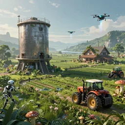 fully detailed landscape of a cyberpunk farm , watertank, futuristic tractors, farmhouse, mushroom, overgrowth,  Ai , Bots , drones , cinematic lightening, in the future, high quality, 8k , octane render, trending on artstation , greg rutowski