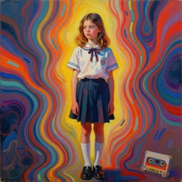Mixed media art. A young girl stands in the center of the frame, looking off to the side. She wears a school uniform with a short skirt and a striped shirt. The background is a vivid, with wavy lines running through it. cassette futurism, Flickr by Milo Manara tumultuous, rigorous