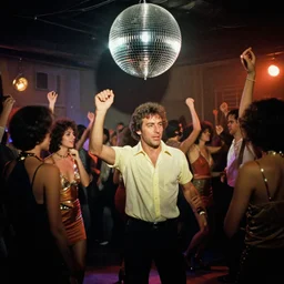 Don McCullin's award-winning photo from inside Studio 54 disco in New York City in 1978, Cinestill 800T, people dancing, disco ball, colored lights, Saturday Night Fever movie