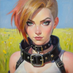 oil painting of cyberpunk tracer overwatch in a field wearing very large black leather belt choker collar around neck, in style of mark arian, expressive face, very detailed face, very detailed eyes, full body, feminine face, detailed makeup on eyes, tracer overwatch,