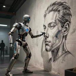 a stunning ultra detailed fantasy fine art photo of a'robot from ex machina movie'drawing a human face a wall, by tom bagshaw, wlop and artgerm, wide angle, deep depth of field, cyberpunk, artstation, 8 k