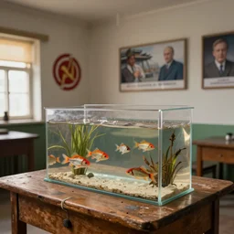 landscape fish in old table in old ussr rooms with picture ussr logo in walls, by nicoletta ceccoli, mark ryden, lostfish, max fleischer, depth of field, detailed and intricate environment, 8 k resolution, hyperrealistic, octane render, no human