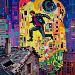 realistic detailed image of a man jumping of a roof of ruined city, corrupted oversaturated 4 k uncropped photo by arthur rackham and francis bacon, high quality, ultra detailed. masterpiece, oil on canvas painting, pixel sorting, glitch, datamosh. bold and vivid acid neon colors. intricate artwork by gustav klimt. 3 d rendered in octane. unreal 5, 8 k