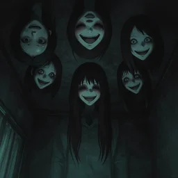 smiling faces emerging from the ceiling in a dark room, japanese horror, eerie atmosphere, fear, mystery, 8 k uhd
