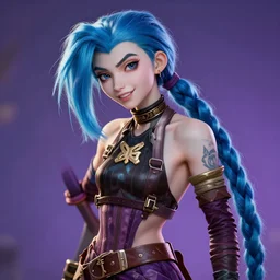 digital artwork of jinx league of legends long blue hair