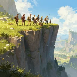 dnd adventurers hiding below a cliff, sunny, fantasy art, concept art, epic, 4 k