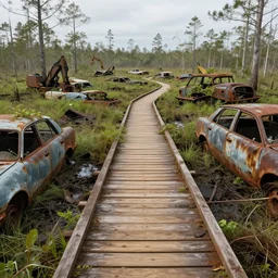 A wooden walkway winding through a muddy swamp littered with rusted sumberged cars and vegetation covered construction equipment,, game art matte painting hyperdetailed, artstation, cgsociety, 8k, surreal dream landscape