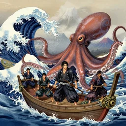 epic modern ukiyo - e, samurais on a boat, giant octopus, large waves, volcano in the background, detailed, digital painting, artstation, concept art, breathtaking, 8 k resolution, extremely detailed, beautiful, establishing shot, artistic, hyperrealistic, octane render, donato giancola, joseph christian leyendecker, wlop, boris vallejo