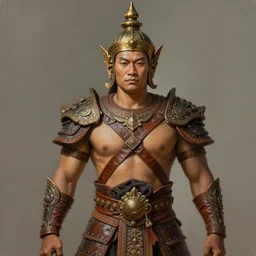 tai warlord, portrait, pose as king ramkhaheang monument, historical, ethnic group, traditional tai costume, bronze headset, leather shoulder armor, fantasy, intricate, with leather armor cross onbare chest, elegant, loin cloth, highly detailed, oill painting, artstation, concept art, matte, sharp focus, illustration, hearthstone, art by earl norem