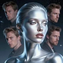 retrofuturistic portrait of extremely beautiful woman, smooth shiny chrome skin, space graphics in background, close up, quint buchholz, wlop, dan mumford, artgerm, liam brazier, peter mohrbacher, raw, featured on artstation, octane render, cinematic, elegant, intricate, 8 k