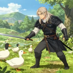 anime still showing geralt of rivia fighting ducks