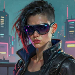 epic portrait of cyberpunk Carpenter Charisma wearing mirrorshades, Night City, cyberpunk 2077, neon megacity in the background, angry and bored, illustration, soft lighting, soft details, painting oil on canvas by mark arian by artgerm, trending on artstation, 4k, 8k, HD