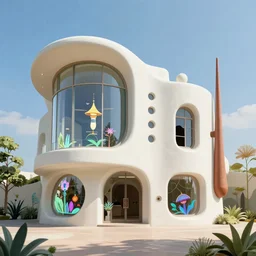 highly detailed futuristic architecture by Frank Lloyd Wright and Salvador Dalí, reflective lighting, holographic, stylized vegetation, ground-level view, stunning sunny lighting, sunrise, vivid colors, in the style of pixar animation, trending on Artstation, 8k, matte painting, ray tracing, hyper detailed, unreal engine 5, cinematic, epic lighting, cryengine, octane render, cyberpunk, red and orange glow, vibrant