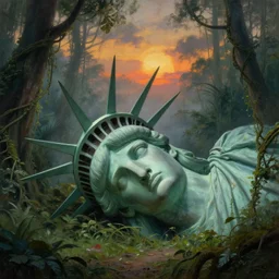 giant cut off statue of libertys head with crown is lying sideways on the ground reclaimed by the jungle .surrounded by tall vines in oversized misty jungle, moody sunset and dramatic sky , very detailed oil painting by frazetta, low angle, postapocalyptic panorama.asthetics !