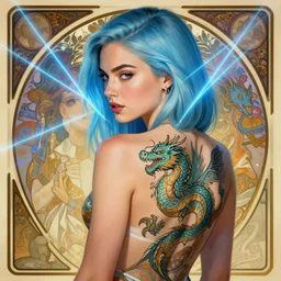 mila kunis with a dragon back tattoo, light blue hair, rem rezero, laser lights, sharp focus, digital painting, 8 k, concept art, art by wlop, artgerm, greg rutkowski, alphonse mucha