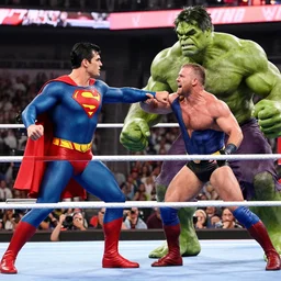 supermen and hulk at WWE smacking down Vince McMahon