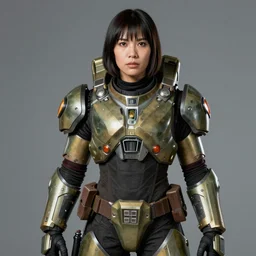 A Filipino woman wearing Fallout 3 power armor, portrait, by Philippe Halsman