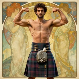 rami malek in a kilt flexing his muscles, abstract background, alphonse mucha, rhads, ross tran, artstation, artgerm, octane render, 1 6 k