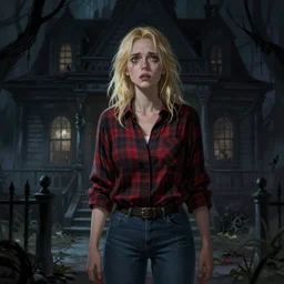 a scared blonde woman exploring a spooky haunted house, plaid shirt and jeans, film still, plaid shirt and jeans, finely detailed features, digital painting, tankobon, by ilya kuvshinov and krenz cushart