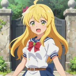 close up portrait of a very cute blonde anime girl idol walking at the garden, mouth open, cheeky, in the style of anime, near a stone gate