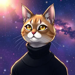 a bust portrait of an anthropomorphic scholar cat in a black turtleneck pullover in front of a galaxy wallpaper, by kawacy, trending on pixiv, anime, furry art, trending on furaffinity