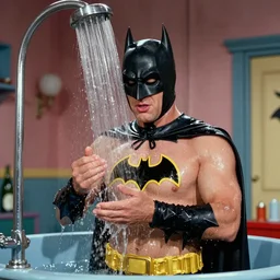 adam west as bruce wayne having a refreshing cold shower, in the style of the famous tv show, batman, 1 9 6 0 s, camp, funny, colourful