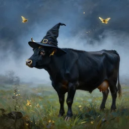 a detailed matte landscape painting of a cow standing in a grassy field wearing a witch hat, cow wearing hat!!!! viewed in profile, fog and flying glowing moths in the background, black and blue color scheme with gold highlights, in the style of discworld and harry potter, 8 k